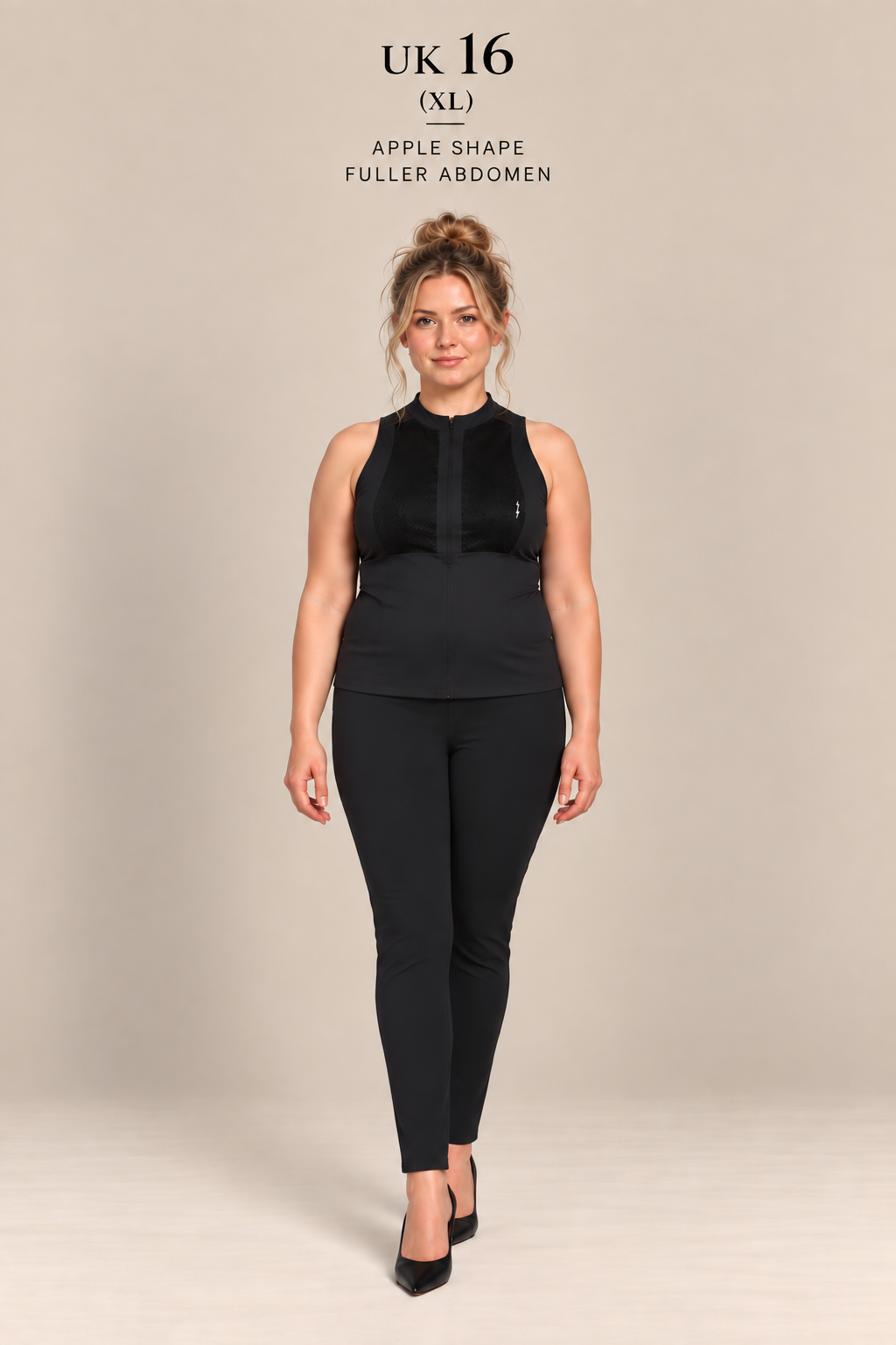 A woman modeling a black sleeveless top and black leggings set against a plain beige studio background. Text at the top reads 'UK 16 (XL) APPLE SHAPE FULLER ABDOMEN'.