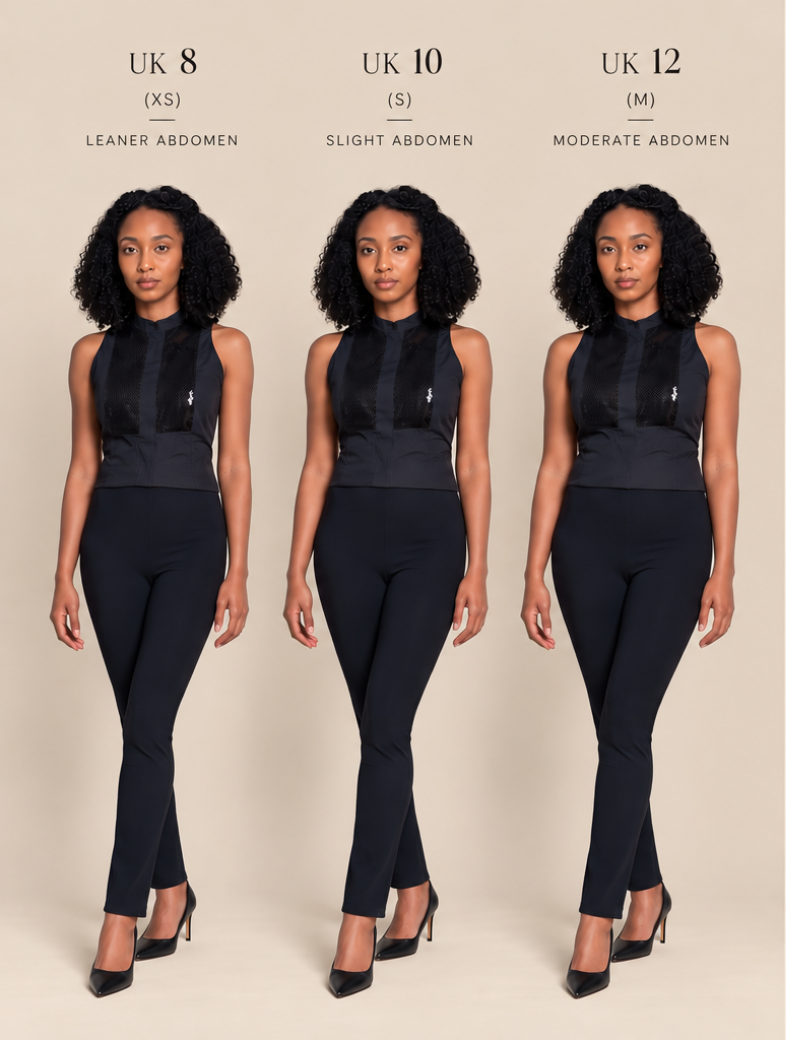 Three models wearing matching black sleeveless fitted tops and slim black trousers are shown side by side on a light beige background, with size labels UK 8, UK 10, and UK 12 and body type notes Leaner Abdomen, Slight Abdomen, and Moderate Abdomen.