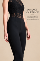 A model wearing black high-waisted slim leg trousers with a lace top, shown against a solid beige background with promotional text on the right.