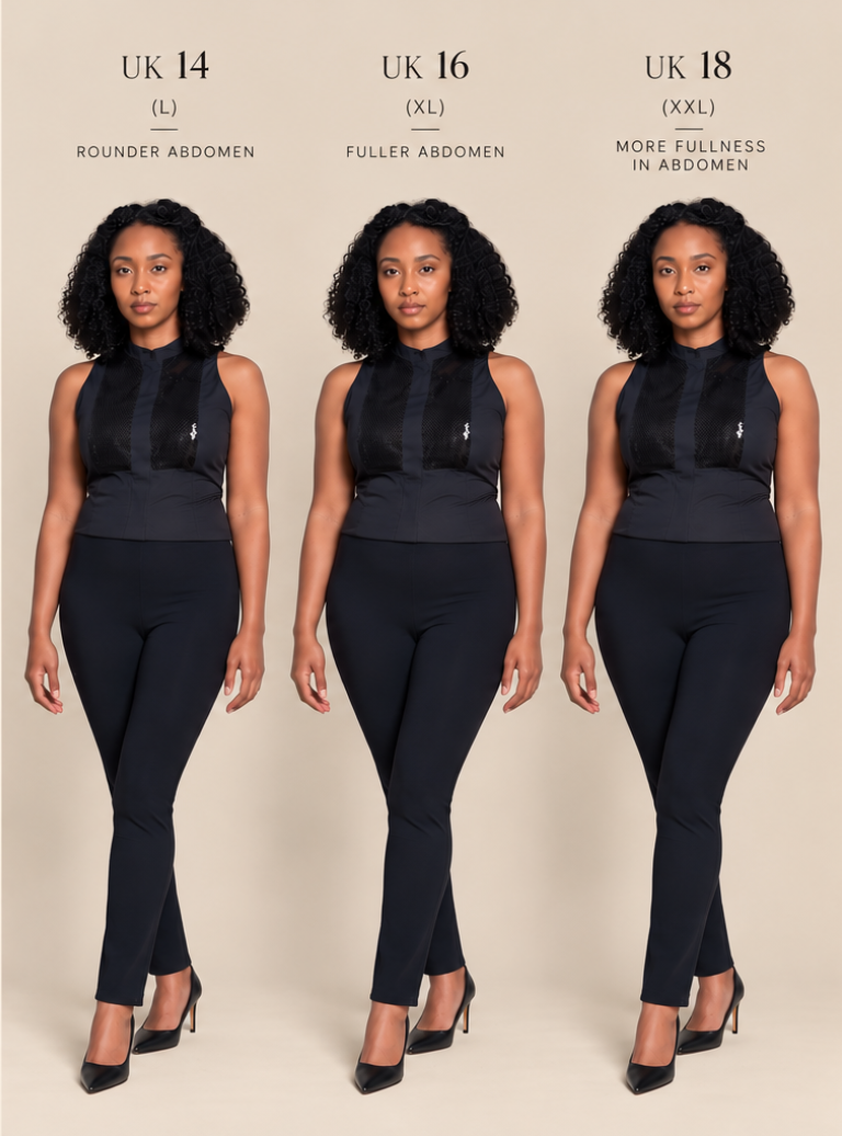 Three models shown side by side wearing matching sleeveless black tops and slim black trousers, with size guidance text above each figure: UK 14 for a rounder abdomen, UK 16 for a fuller abdomen, and UK 18 for more fullness in the abdomen. The background is a plain warm beige studio backdrop.